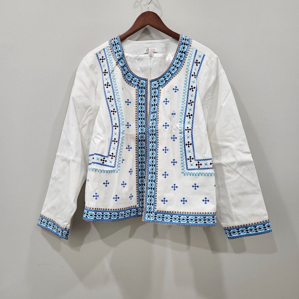 Denim & Company Womens Embroidered Jacket Plus Size 2X White Bohemian Festival